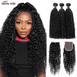 Ishow Virgin Weave Extensions Body Wave 8-28inch For Women Straight Deep Loose Curly Water Wefts Natural Black Colour Human Hair Bundles with Lace Closure