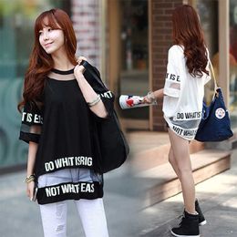 Fashion Large Size Black White T Shirt Women Summer Tops Casual Loose Hollow Out Letter Printed Long Mesh Tops Female T-Shirt X0628
