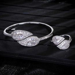 Luxury Leaf Shape Bangle Ring Sets Fashion Dubai Bridal Jewellery for Women Wedding Brincos Para As Mulheres S0720 Q0717