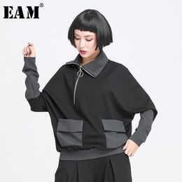 [EAM] Women Zipper Irregular Split Joint Pocket Big Size T-shirt New Lapel Long Sleeve Fashion Tide Spring Summer 2021 1Y769 210310