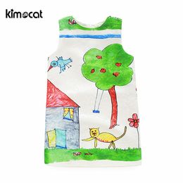 Kimocat Cartoon cat doodle dress princess summer girl dress sleeveless o-neck animal bird tree printing girl dress Q0716