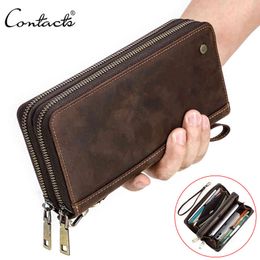 Contact's Real Leather Men's Wallet Clutch Bag Cardholder Long Portfolios Double Rits Great Capacity Vintage Men's Wallets