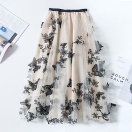 High quality Embroidery skirts womens Summer autumn vintage Ol elegant retro midi skirts women Butterfly Mesh Long Skirt 210309