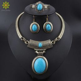 Women's Blue CZ Resin Stone Oval Shape Fashion Jewellery Sets Vintage Necklace Earrings Bracelet Rhinestone Sets H1022