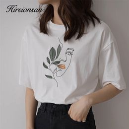 Hirsionsan Abstract Print T Shirt Women Summer Oversized 100% Cotton Tees Casual Loose Aesthetic Tshirt O Neck Khaki Tops 210623