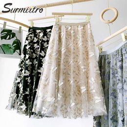 SURMIITRO Summer Midi Long Tulle Skirt Women Korean Style Butterfly Embroidery Mesh High Waist A Line Pleated Skirt Female 210712