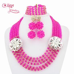 Earrings & Necklace High Quality 5 Rows Pink African Crystal Beads Jewellery Set Nigerian Wedding Gift Bridesmaid Sets For Women HD2724