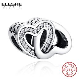 ELESHE 925 Sterling Silver Interlocking Love Heart Charm Clear CZ Beads Fit Original Bracelet Necklace Authentic Jewelry Making Q0531