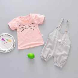 Children Short Sleeve Suit Cotton Pullover Kids Clothes Suits Cat Pattern Tops +Overalls 2pcs Baby Clothes Set Summer