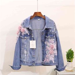 Floral Pearls Embroidery Denim Jacket for Woman casual Designer Long Sleeve Blue Vintage Causal Short Coat Female 210603