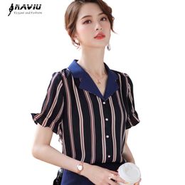 Stripes Shirt Women Summer Fashion V Neck Formal Temperament Short Sleeve Chiffon Blouses Office Ladies Plus Size Work Tops 210604