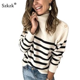 Szkzk Black And White Striped Knit Sweater Button Women Pullover Female Jumper Fall Winter Long Sleeve Turtleneck Sexy Sweaters 210918