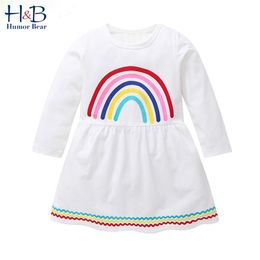 Girls White Princess Dress Cartoon Rainbow Clothing Autumn Long Sleeve Casual Toddler Cotton Kid es 210611