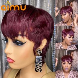 150% Pixie Short Bob Cut Blunt None Lace Front Human Hair Wigs with for Black Women Straight Remy Black /bury Red /ombre Blonde Colorwig