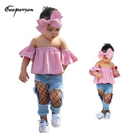 Girls Clothes Set Off Shoulder Shirt +Hole Jeans+Hairband 3 Pcs Baby Girl Clothing Set Summer Fashion Kids Clothes 12m-6Years 210715