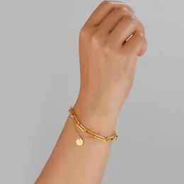 Charm Bracelets Fashion Paperclip Chain Tag Bracelet For Dainty Women Girls Gold Color Stainless Steel Link Double Layer Jewelry Wristand