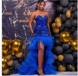 Royal Blue Sequined Mermaid Prom Dresses Tulle High Low Sweetheart Long Evening Gowns Ruffle Court Train