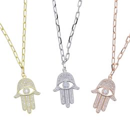 Turkish Hamsa Pendant Necklace Gold Colour 5A Cubic Zirconia CZ Paved Sparking Bling Fatima Hand Jewellery