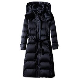 Women's Long Lace-up Hooded Down Jacket Zipper Puffer Black red dark blue plus size 4XL10XL Coat 211008