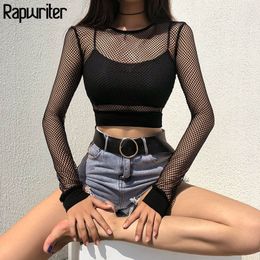 Rapwriter Sexy Black Hollow Out Mesh T-Shirt Female Skinny Crop Top New Fashion Summer Basic Tops For Women Fishnet Shirt 210309