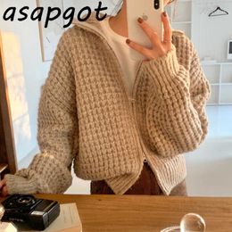 Sweater Lantern Sleeve Turn Down Collar Cardigan Double Zipper Knitted Jacket Solid Retro Casual Loose Pull Femme Autumn Gentle 210610