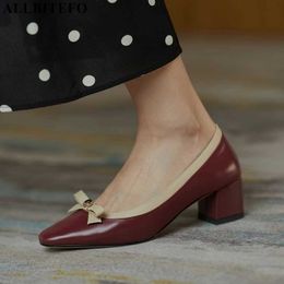 ALLBITEFO full genuine leather sweet bowtie thick heels office ladies shoes autumn/spring woemn high heel shoes women heels 210611