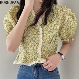 Korejpaa Women Shirt Korean Chic Summer Sweet Gentle V-neck Stitched Frills Hit Small Daisy Bubble Sleeve Blouse Top Female 210526