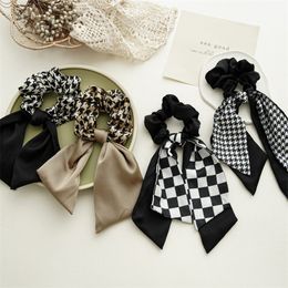 Girls Black and white Bow Ribbon Hair Band Scarf For Women Elastic Ponytail Holder Spring Summer All-Match Hair Accessories