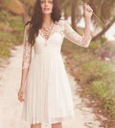 2021 Abiti da sposa corti estivi Boho Beach A-Line 3/4 maniche lunghe aperte sul retro Abiti da sposa bohémien in chiffon economici Abito da sposa al ginocchio