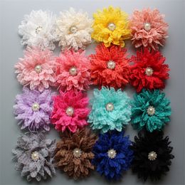 15% off new style 4" 14colors Shabby Lace Hair Flowers Metal Rhinestone Button Artificial Fabric Flowers Baby Headbands 120pcs 348 U2