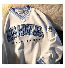 Women's Hoodies & Sweatshirts 2021 Women Vintage LOS ANGELES Embroidery Shirts Oversize V-Neck Sweatshirt Korean Style Long Sleeve Harajuku