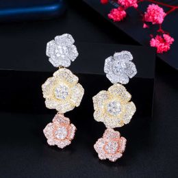 3 Tone Gold Colour Cubic Zircon Cluster Flower Drop Dangle Long Women Party Wedding Earrings Engagement Jewellery CZ886 210714