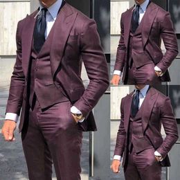 Dark Wine Red Slim Fit Suits For Men 3 PCS Mens Suits Wedding Groom Peak Lapel Tuxedos Business Dinner Slim Fit Suits For Men X0909
