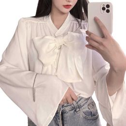 PERHAPS U Women Chiffon Flared sleeves Shirts White Blouses Vintage Sweet Bow Loose Ladies Blouse Office Lady B3033 210529