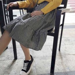 Kawaii high waist skirt women student loose mid-length literary slim plaid stitching A-line preppy style girl's streetwear 210526
