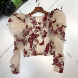 Sexy Women Lady Crochet Mesh Sheer See-Through Long Puff Sleeve Tops Shirt O-Neck Casual Butterfly Embroidered Blouse Top 210225