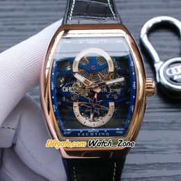 New Saratoge Yachting Vanguard V45 S6 YACHT Automatic Mens Watch Blue Skeleton Dial Tourbillon Rose Gold Case Black Leather/Rubber Sport Gents Watches 44mm 49E1