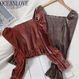 OCEANLOVE Korean Women Blouses and Tops Solid Sqaure Neck Vintage Short Shirts Elegant Autumn Velour Blusas Slim Ruffles 18434 210315