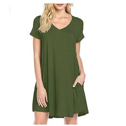 Casual Loose Solid Women Dress Sexy V-Neck Short Sleeve Mini Ladies A-Line Dresses With Pockets W742 210526