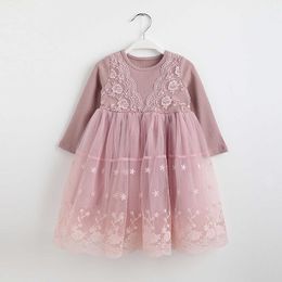 Vintage Girls Cotton Lace Princess Dress for Kids Long Sleeve Spring Tutu with Emboridery Clothing Children 210529