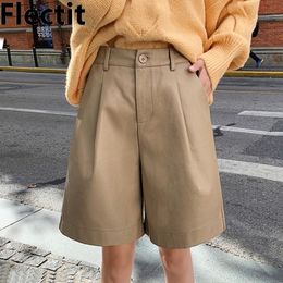 Flectit Chic Womens Leather Bermuda Shorts With Pocket Wide Leg High Waist Tailored Suit Shorts Fall Winter Plus Size S- 4XL * 210317