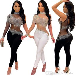 Fashion Sequin Jumpsuits For Spring Sexy Mesh Hot Drill Pants Long Sleeve Women Apparel Formal Black Rhinestone Fringe Pants