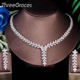 ThreeGraces Elegant Cubic Zirconia Silver Colour Leaf Shape Earring and Necklace Wedding Jewellery Sets for Brides AccessoriesTZ571 H1022