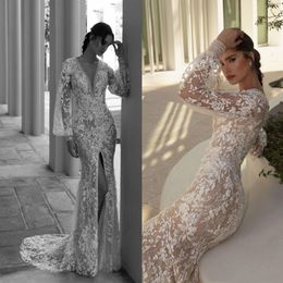 Boho Mermaid Wedding Dresses Long Sleeve Lace Applique Sequins Dresses Deep V Neck Thigh Split Bridal Gowns Abiti Da Sposa