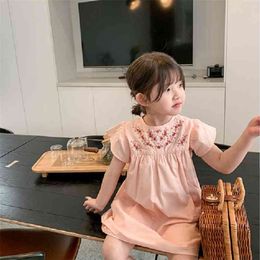Summer Girls Dress Korean Style Pocket Embroidery Flower Elegant Princess Baby Kids Clothes Children'S Clothing 210625