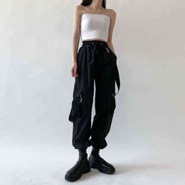 HOUZHOU Mall Goth Black Cargo Pants Women Streetwear Gothic High Waist Loose Trousers Korean Fashion Sweatpants Overalls 2021 Y211115