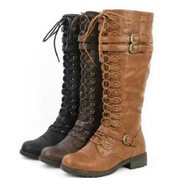 Sexy Lace Up Knee High Boots Women Fashion Boots Flats Shoes Woman Square Heel Rubber Flock Boots Botas Winter Buckle Size 43 H1009