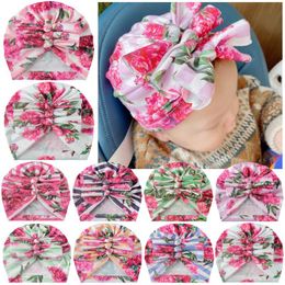 Floral Printed Baby Hats Infant Girls Bows Pleated Indian Hats Toddler Baby Soft Ear Protection Beanie Kids Flower Printed Hat