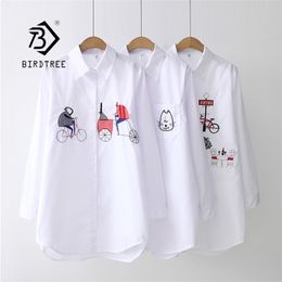 NEW White Shirt Casual Wear Button Up Turn Down Collar Long Sleeve Cotton Blouse Embroidery Feminina HOT Sale T8D427M 210315