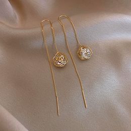 2022 New Trendy Golden Hollow Out Roses Flower Zircon Pendant Charm Ear Line Lady Korean Long Tassel Earrings Jewelry Unusual Party Weddings Gifts For Women girls